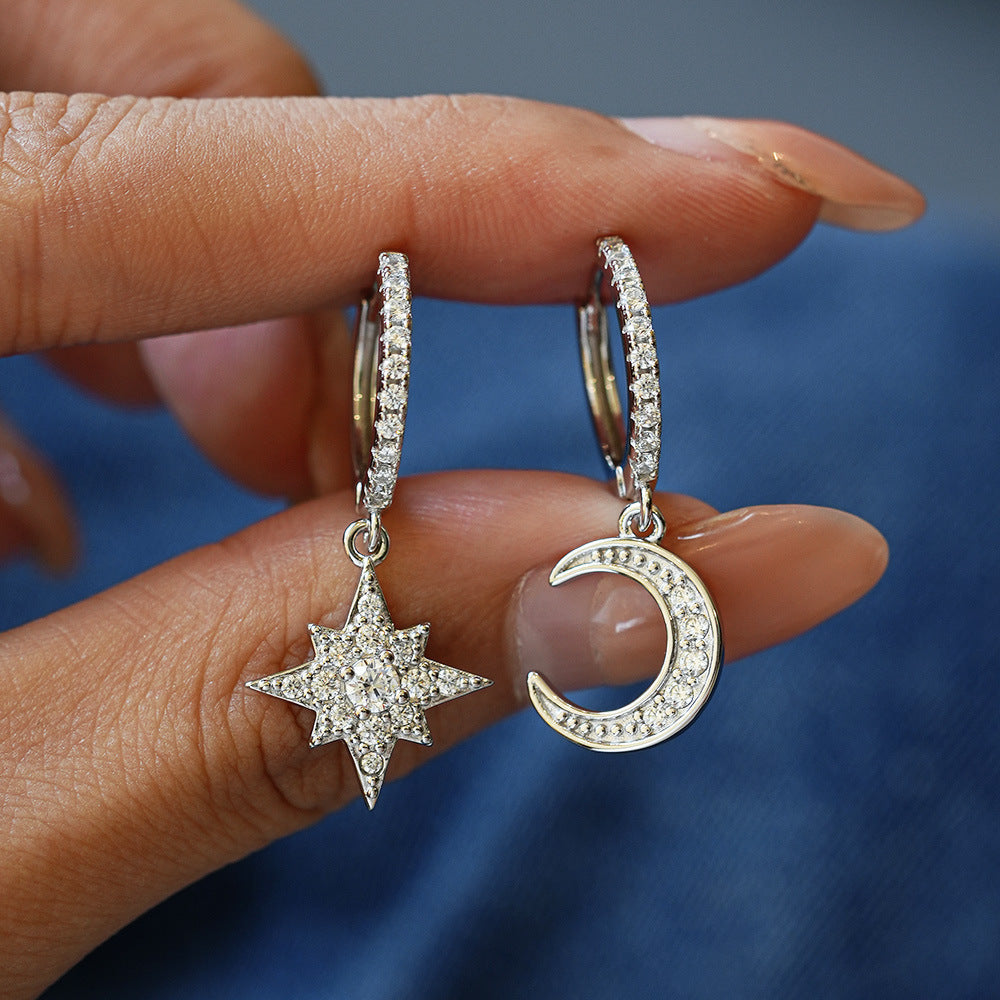 Ethereal Moon and Star Dangling Huggie Moissanite Earrings