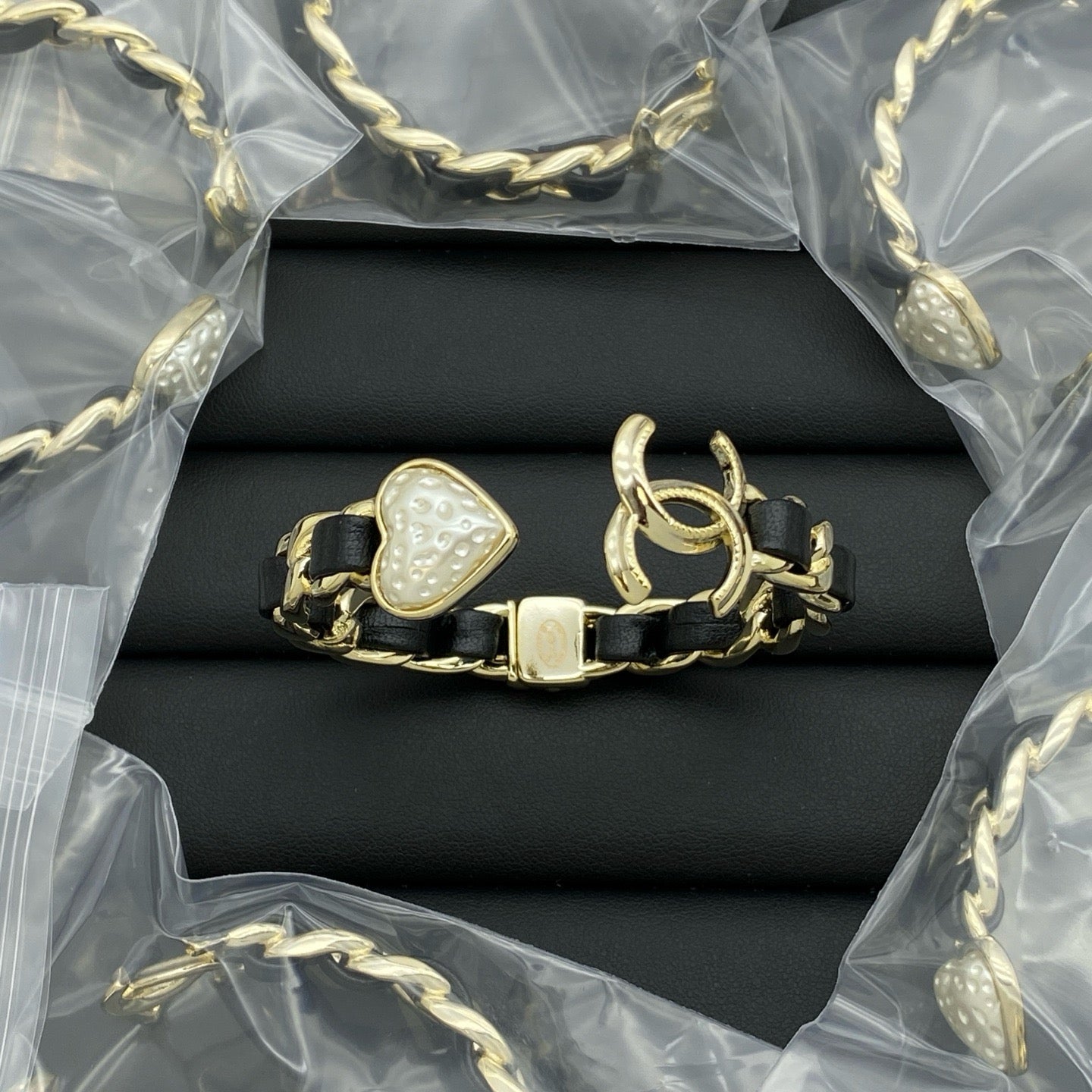 Chanel Black Leather White Pearl Bangle