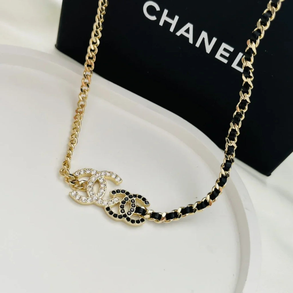 Chanel Double Logo Black Leather Necklace